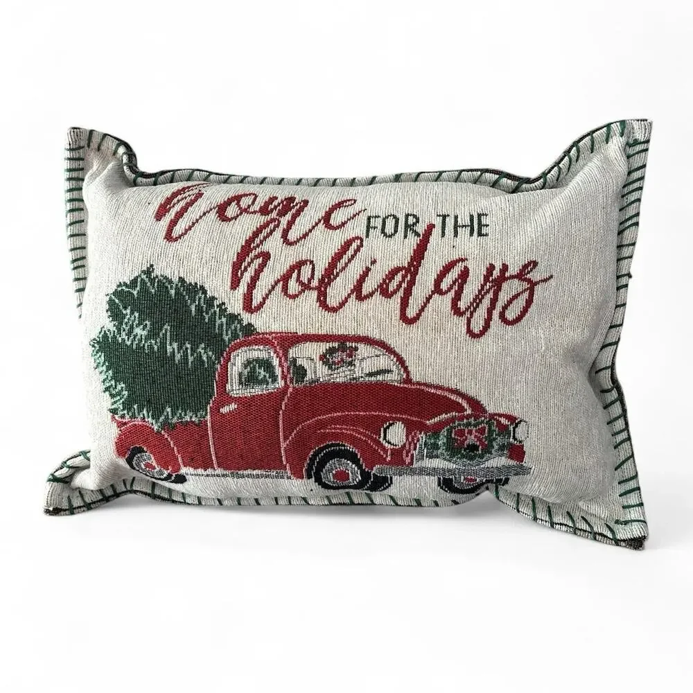 Vintage Christmas Throw Pillow Truck Tree Snowman Double Sided 18x10